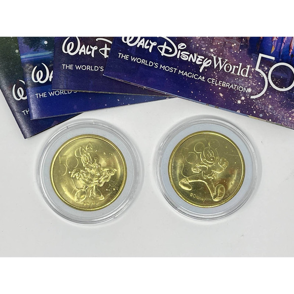 WALT DISNEY WORLD 50th Mickey & Minnie Mouse Gold Medallion Coins with 50th Maps - Picture 2 of 3